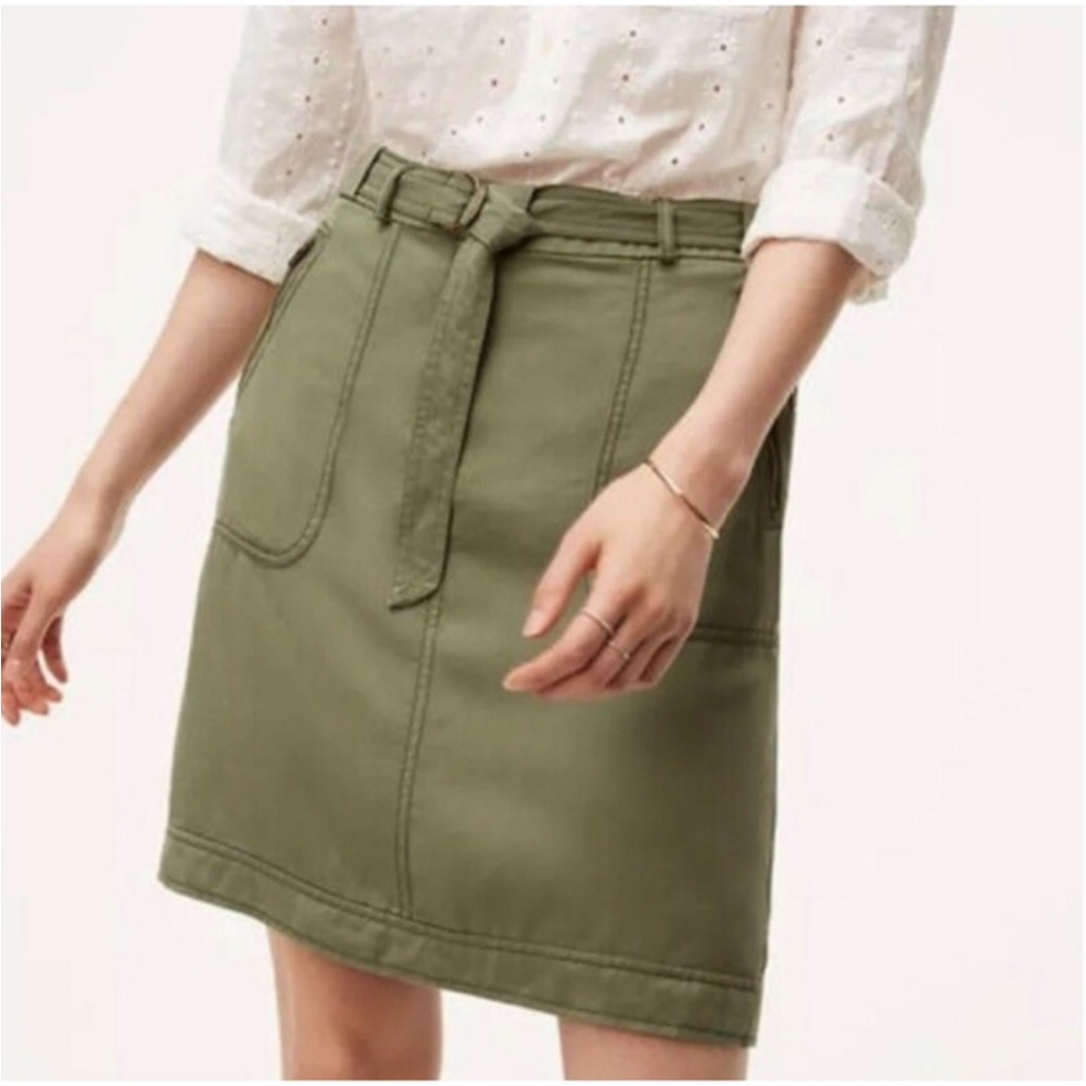 LOFT Army Green Utility Belted Tie Front Knee Length A Line Midi Skirt NWT